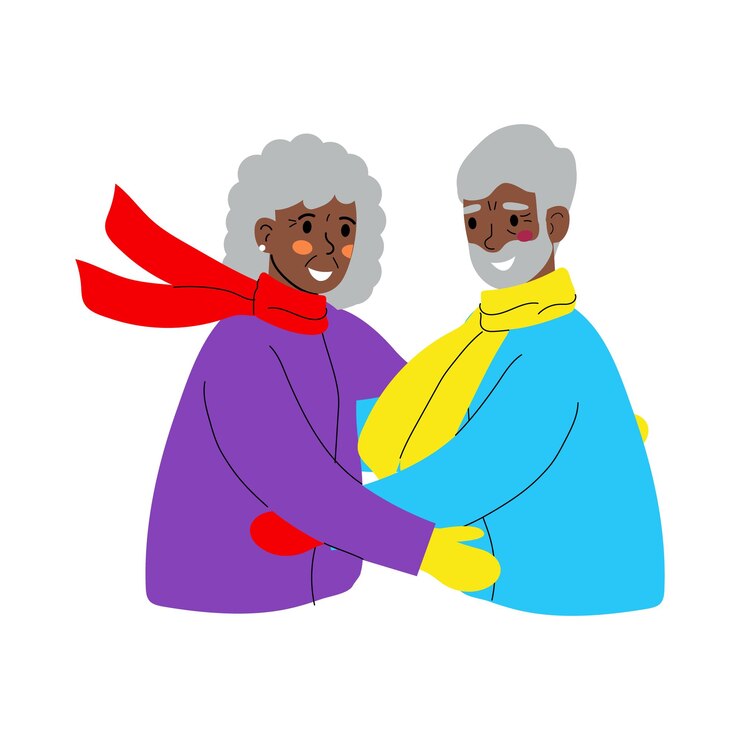Vetor um homem e uma mulher idosos sorriem e se abraçam dois aposentados pretos se abraçam relações felizes ilustração vetorial em fundo branco