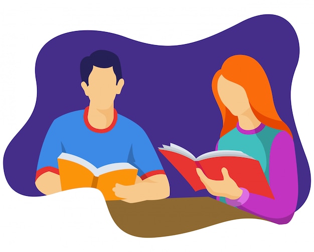 Vetor um homem e uma mulher leram um livro juntos na biblioteca do campus.