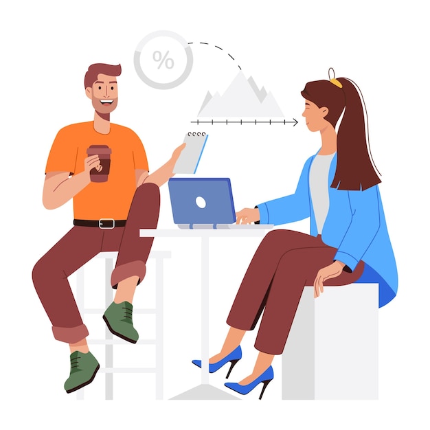 um homem e uma mulher sentados em uma mesa com um sinal que diz por cento por cento
