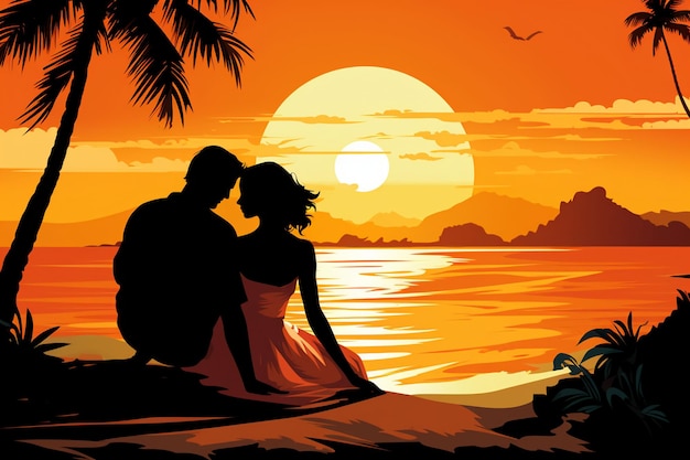 Vetor um homem e uma mulher sentados numa praia ao pôr do sol