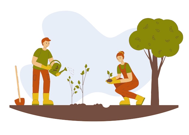 um homem e uma mulher trabalham na planta do jardim e cuidam das plantas