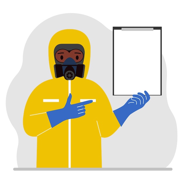 Um homem em um traje de proteção contra radiação amarelo e um capacete com um respirador, uniforme de segurança química ou biológica. segura uma prancheta com um papel. ilustração em vetor plana.