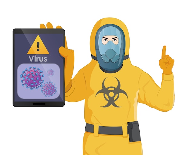 Um homem em um traje de proteção contra radiação mostra um tablet com uma imagem na tela Atenção vírus