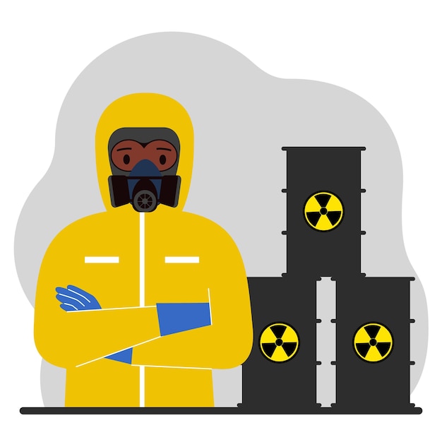 Um homem em um traje de proteção química ao lado de barris pretos com uma imagem alertando sobre a toxicidade dos resíduos radiação