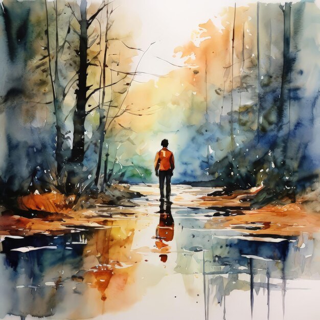 Vetor um homem em uma floresta ilustração de aquarela um homem em um bosque ilustração de acuarela