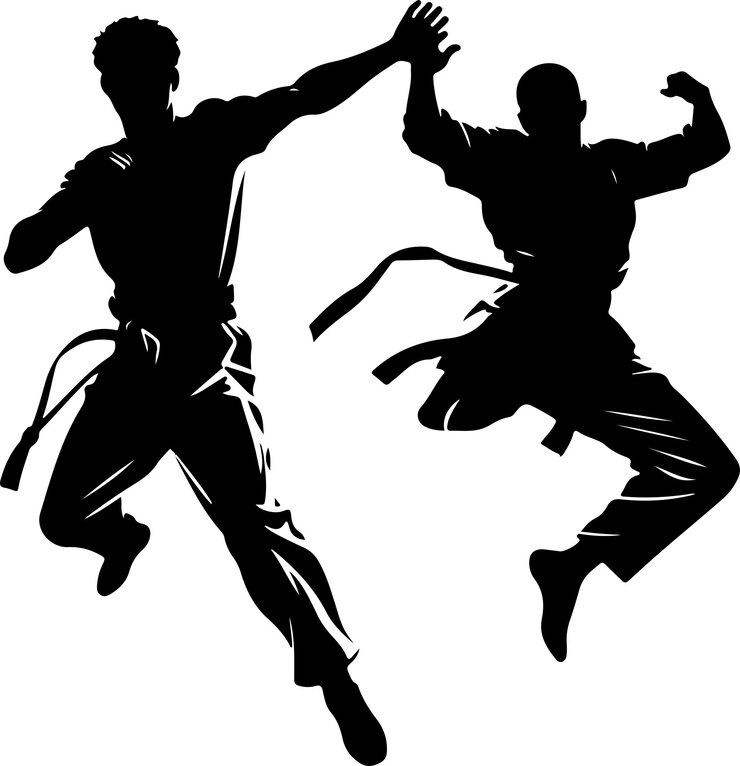 Vetor um homem em uma postura de luta e um artista marcial no meio de salto silhueta vetor fundo branco 6
