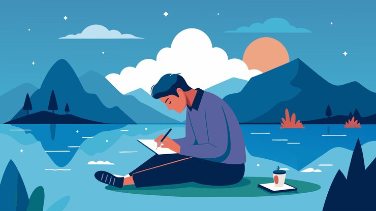 Vetor um homem escrevendo poesia junto a um lago tranquilo canalizando sua dor e transformando-a em beleza