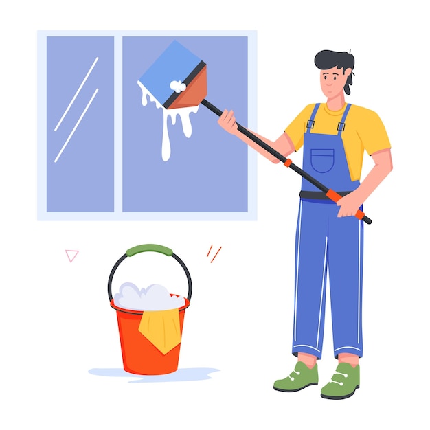 um homem está a limpar uma janela com um balde de sabão e um bal de sabão