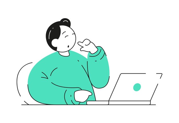 Um homem está abrindo um laptop e pensando em ideias ilustração vetorial de estilo desenhado à mão