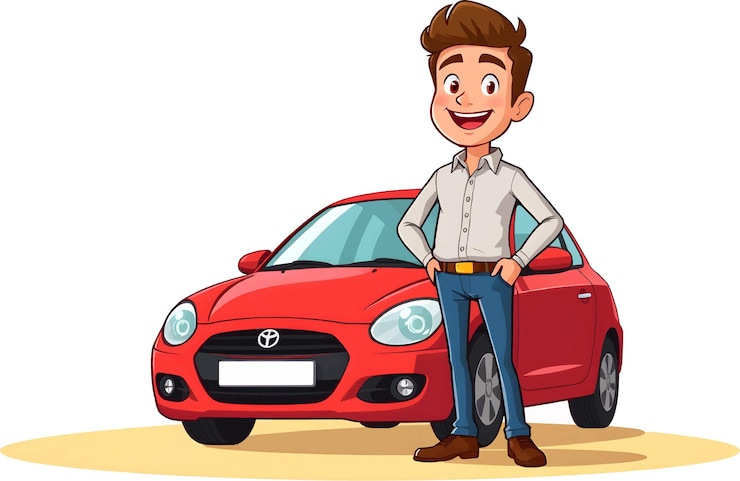 Vetor um homem está ao lado de um carro vermelho com uma placa de matrícula que diz tweet