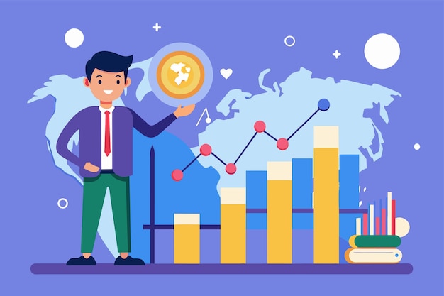 Um homem está ao lado de um gráfico de barras com um relógio analisando dados para as tendências do mercado de ações mundial os dados do analista do mercado de valores mundiais estão em tendência ilustração vetorial plana simples e minimalista