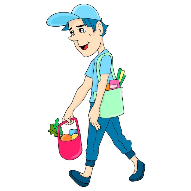 Vetor um homem está caminhando com uma sacola de compras do mercado. adesivo de ilustração de desenho animado fofo