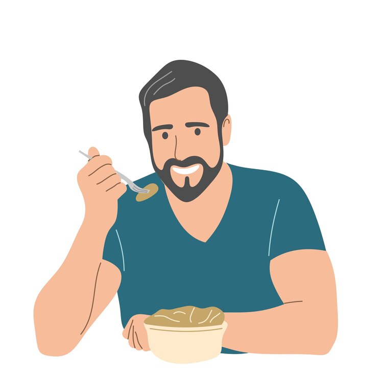 Vetor um homem está comendo na mesa vista frontal cintura alta ilustração vetorial plana