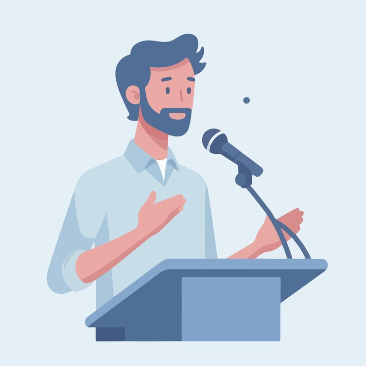 Vetor um homem está dando um discurso em um estilo de design plano simples