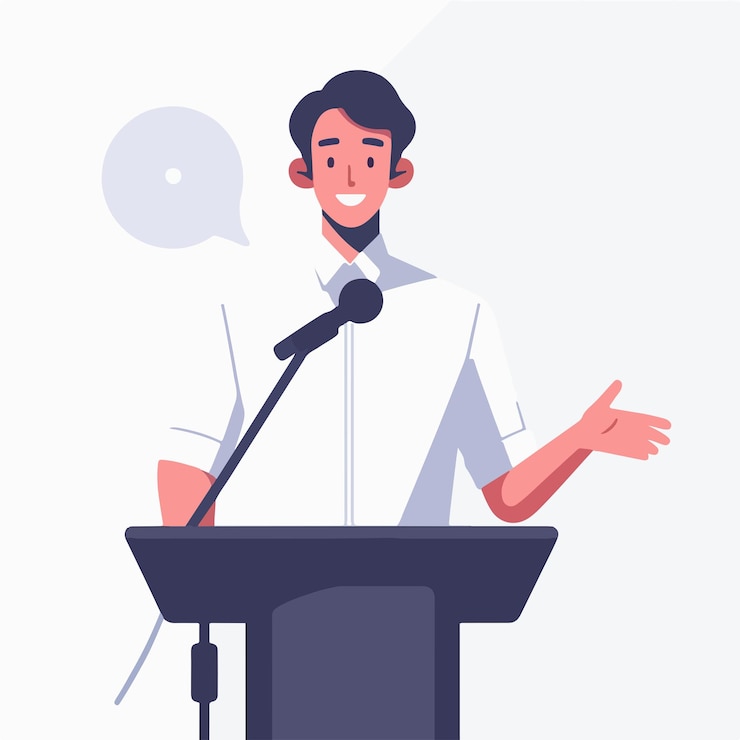 Vetor um homem está dando um discurso em um estilo de design plano simples