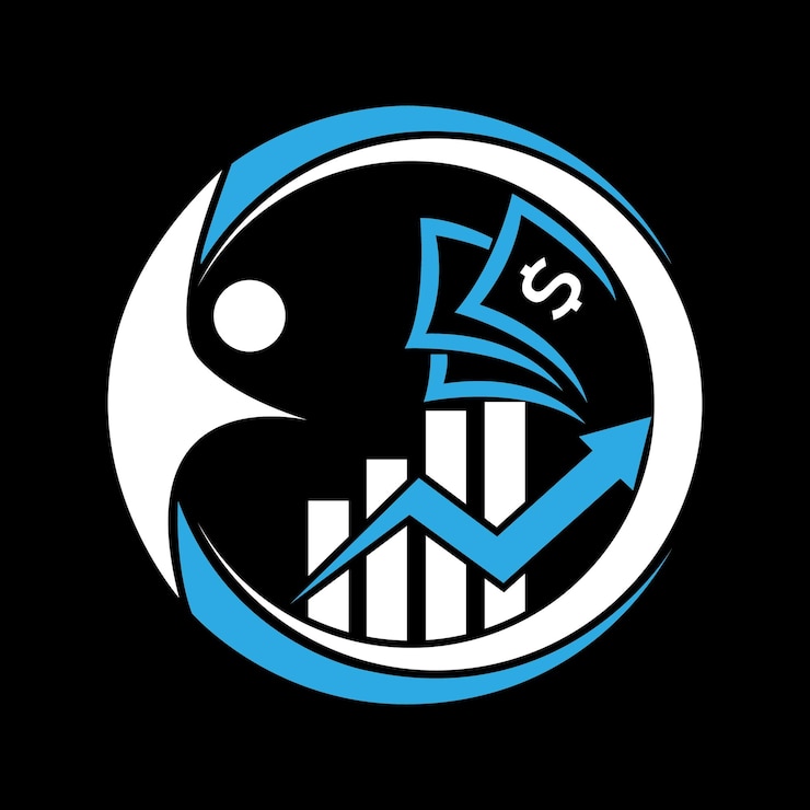Vetor um homem está de pé em uma flecha azul apontando para cima desenvolver um logotipo minimalista para um financeiro