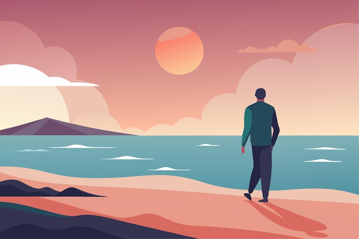 Vetor um homem está de pé num penhasco olhando para o oceano