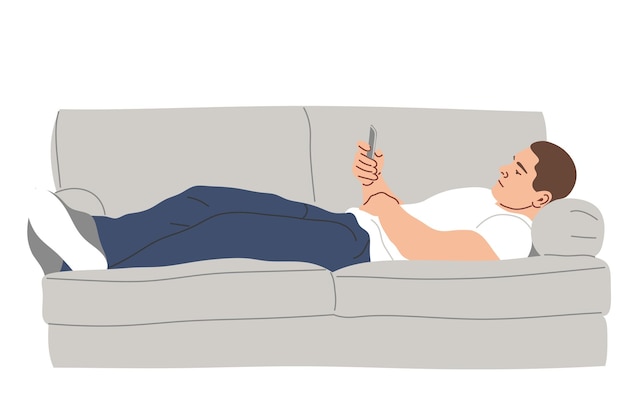 um homem está deitado no sofá com um telefone na mão ilustração vetorial plana