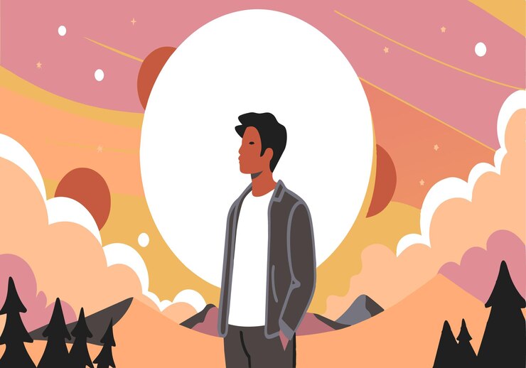 Vetor um homem está em frente a uma grande lua