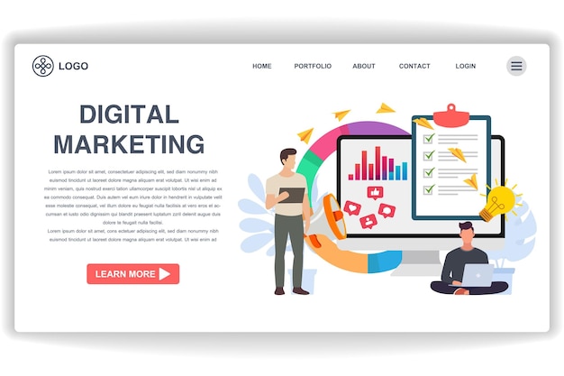 Um homem está olhando para uma página de site de laptop Marketing Digital Conceito moderno de design plano de design de página da web para site e site móvel