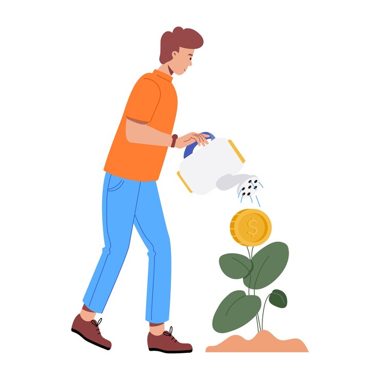 Vetor um homem está regando uma moeda com uma planta no fundo
