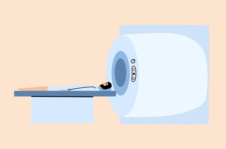 Vetor um homem está sendo diagnosticado em uma máquina de ressonância magnética ilustração vetorial em estilo simples