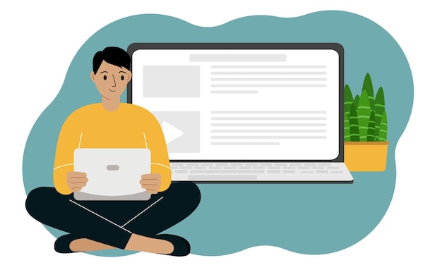 Um homem está sentado de pernas cruzadas com um laptop. Um laptop com uma página do site aberta. Ilustração em vetor plana