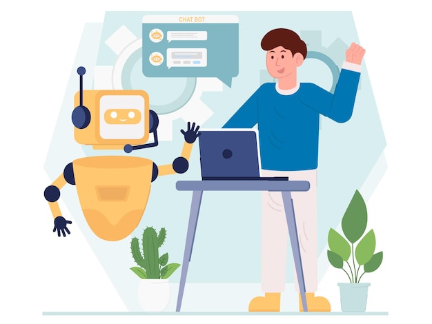 Um homem está trabalhando com uma ilustração de atendimento ao cliente chatbot