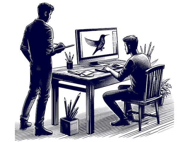 Vetor um homem está trabalhando em um computador e silhueta desenho de arte vetor design