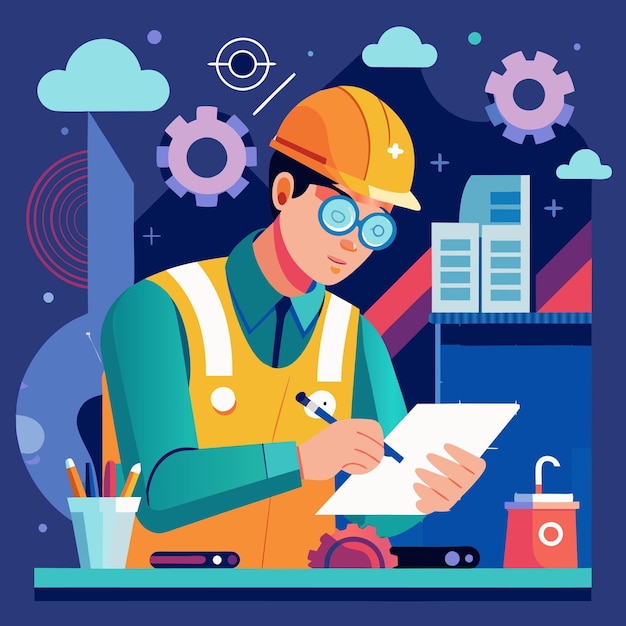 um homem está trabalhando em uma mesa com uma imagem de um edifício e um edifício no fundo