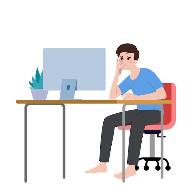Um homem fica estressado em sua mesa porque não consegue descobrir o que fazer com seu trabalho Um cara se sente confuso e não tem ideia do futuro do seu trabalho