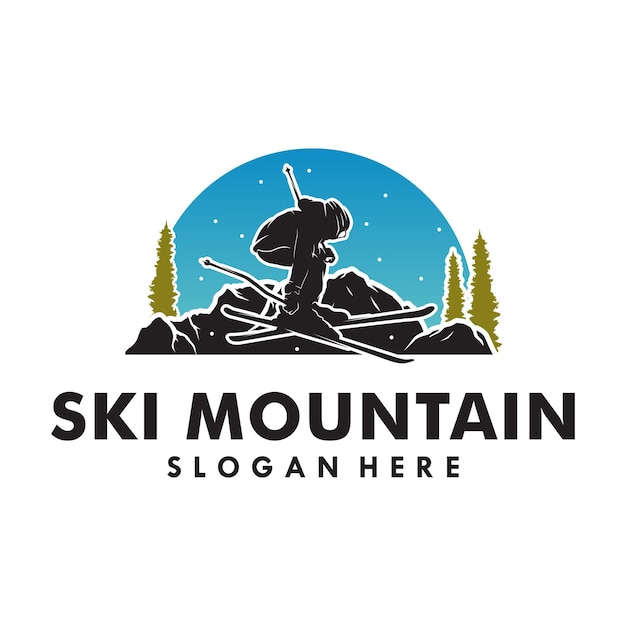 Um homem jogando ski no design do logotipo da montanha