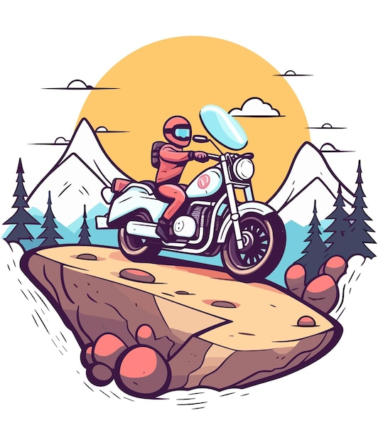 Vetor um homem montando uma motocicleta em uma paisagem de montanha.
