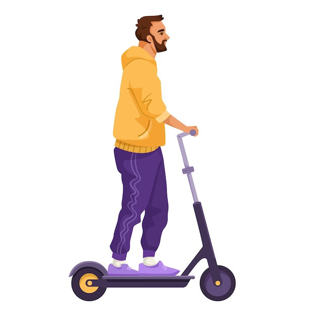 Um homem montando uma scooter elétrica em estilo vetorial plano isolado em um fundo plano representando transporte urbano Ilustração vetorial