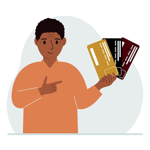 Um homem mostra cartões de plástico O conceito de escolher um banco de termos de depósitos e empréstimos