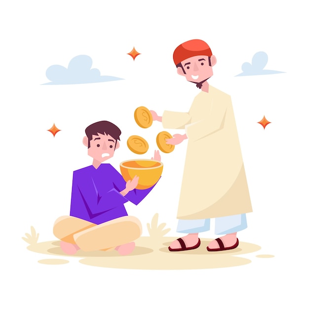 Um homem muçulmano dando uma moeda de ouro para um menino