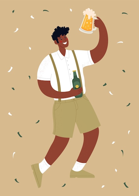 Vetor um homem negro está segurando um copo e uma garrafa de cerveja um homem está se divertindo em uma festa ilustração vetorial plana