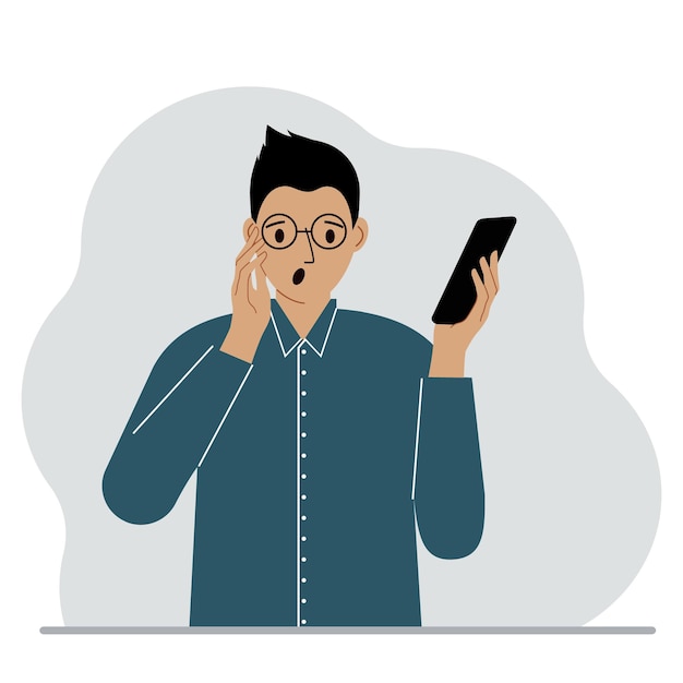 Vetor um homem olha para um telefone celular. um homem com a boca aberta olha para o telefone que tem na mão. ilustração em vetor plana.