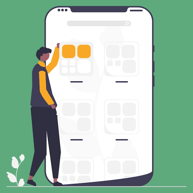 Um homem parado ao lado de um smartphone gigante.
