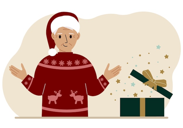 Um homem perto de uma caixa de presente de Natal ou Ano Novo aberta para férias de inverno
