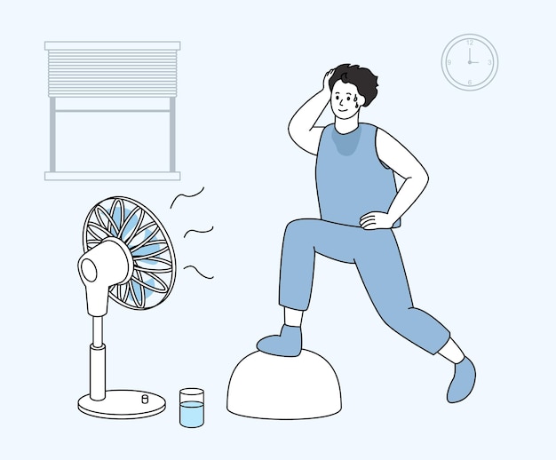 Um homem que se exercita em casa no verão porque não pode sair ilustração definir suor esportivo