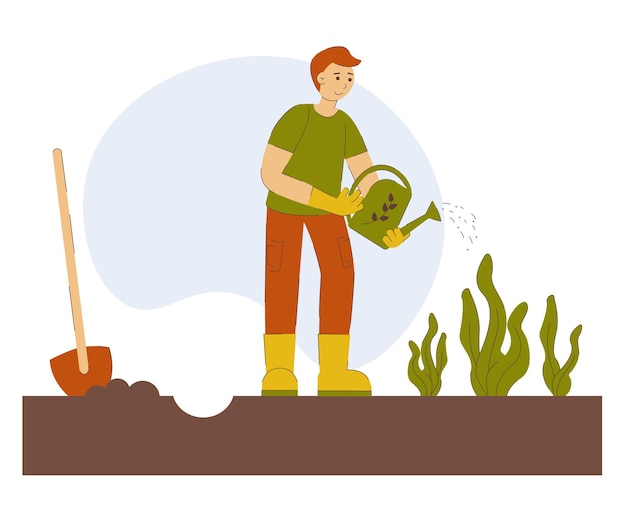 Um homem que um agricultor rega plantas no jardim isolado em branco de um regador vector illustrati