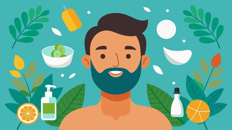 Vetor um homem recebe um tratamento facial adaptado às suas necessidades únicas de pele, incorporando produtos naturais e orgânicos
