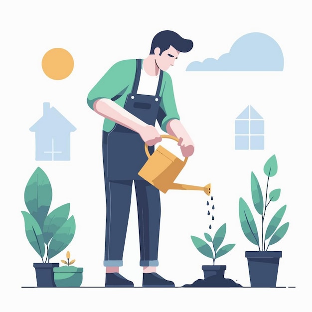 Um homem regando plantas com uma lata de água e uma casa ao fundo