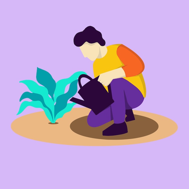 Vetor um homem regando uma ilustração de planta