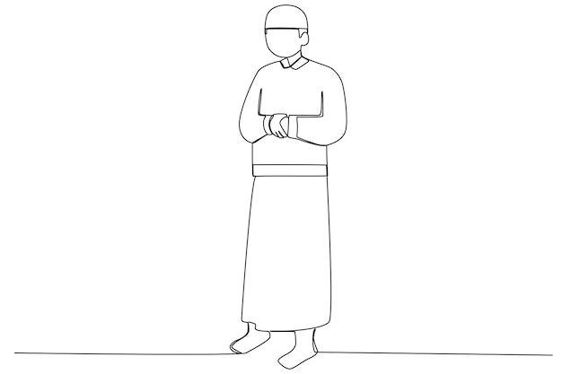 Vetor um homem rezando com os braços cruzados sholat desenho de uma linha