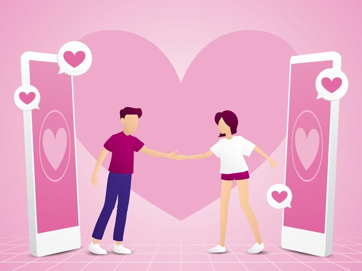 Vetor um homem sai em um encontro com uma mulher do vetor de ilustração de namoro online