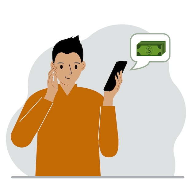 Um homem satisfeito segura um telefone ao qual chegou uma mensagem sobre dinheiro O conceito de geração de renda de ganhos online Ilustração plana em vetor