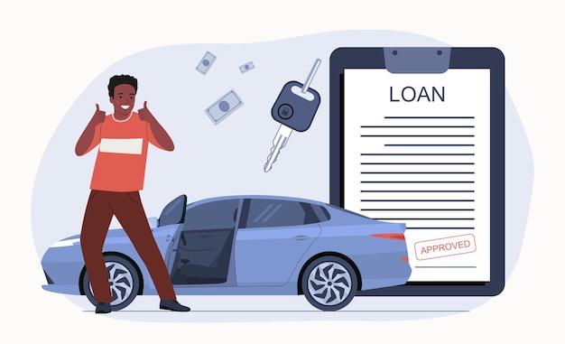 Vetor um homem se alegra com a aprovação de um empréstimo de carro ilustração vetorial