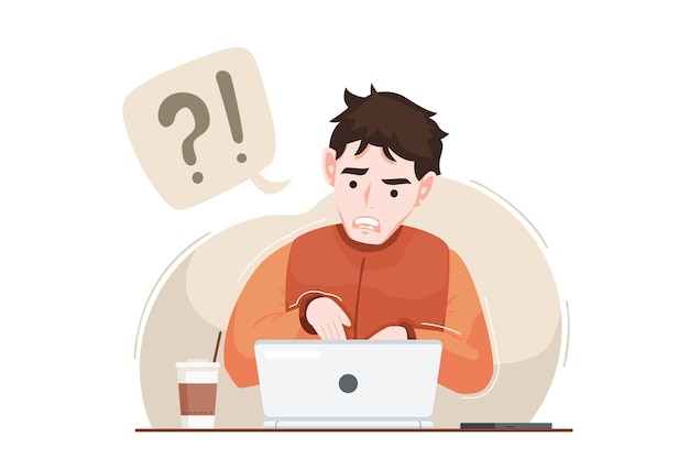Um homem se sentindo confuso e estressado trabalhando com um laptop, um café e um celular na mesa